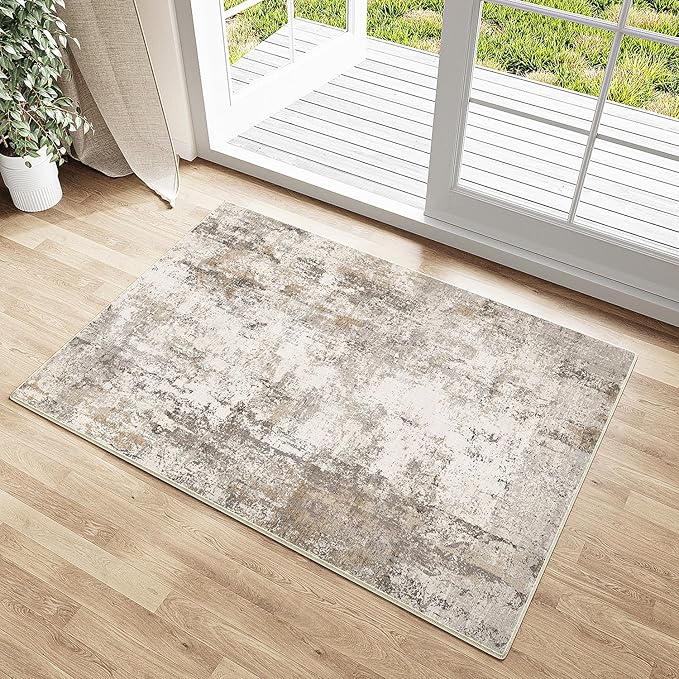 WondRg 2x3 Washable Area Rug Brown Grey Abstract Entryway Kitchen Throw Rug Neutral Modern Non Slip Soft Low Pile Small Carpet for Bathroom Living Room Bedroom