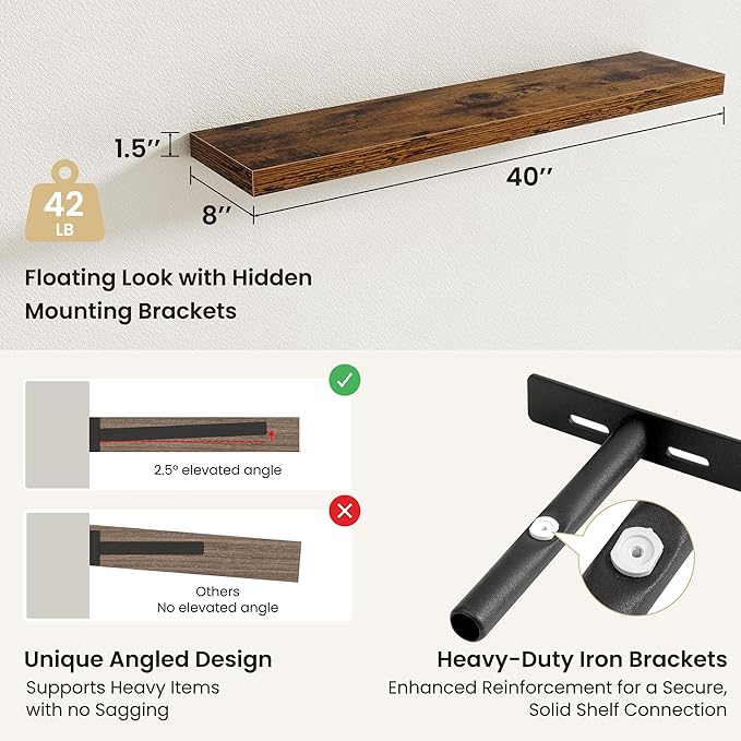 Fun Memories Floating Shelves for Wall, Rustic Wood Wall Mounted Shelves for Bathroom, Bedroom, Living Room and Kitchen, Storage & Home Decor (Set of 2, Brown, 40 in)