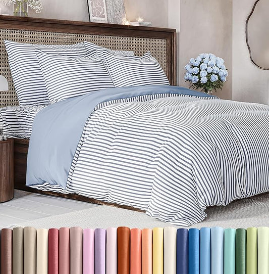 Duvet Cover Full Size Set - Extra Soft Full Size Duvet Cover 80 x 90 with 2 Pillow Shams - Hotel Luxury Easy Care and Fade Free w/Zipper Closures & Ties - Comfy Breathable Bedding Set (Blue Stripes)