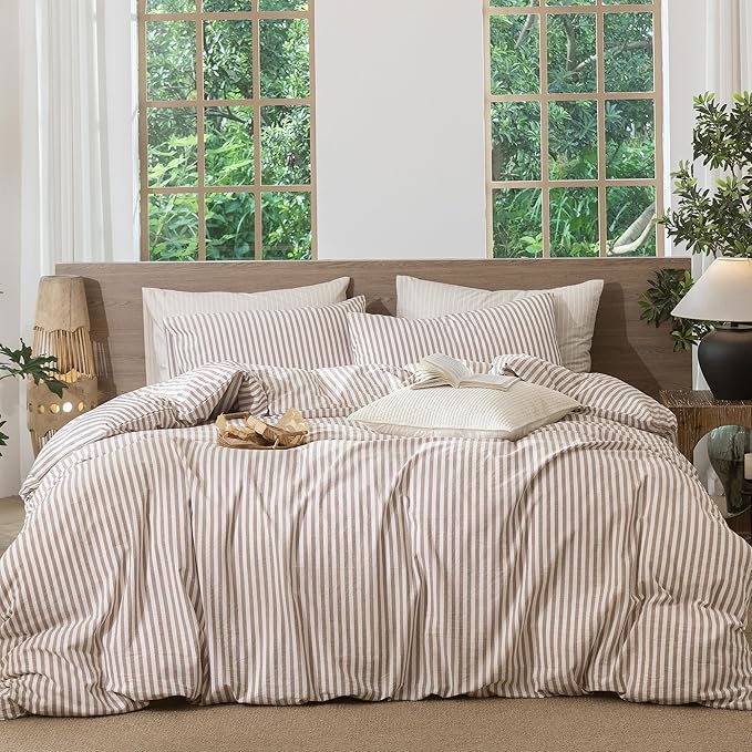 MooMee Striped Duvet Cover Set 100% Washed Cotton Linen Like Textured Breathable Durable Soft Comfy (Orange Classic Stripes, Cal King 104"x98")