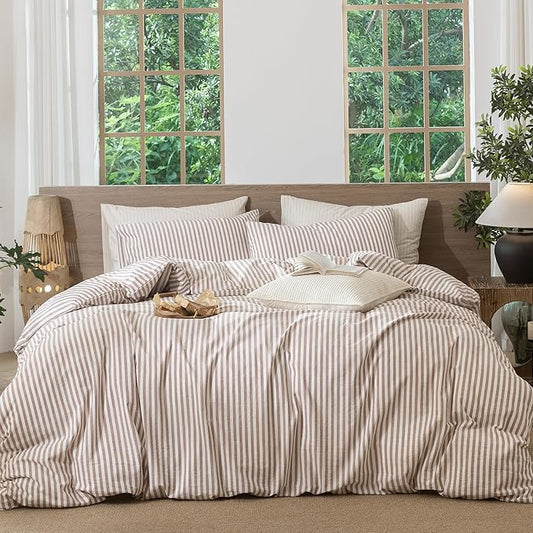 MooMee Striped Duvet Cover Set 100% Washed Cotton Linen Like Textured Breathable Durable Soft Comfy (Orange Classic Stripes, Queen 90"x90")