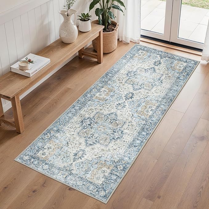 BESBLEE Runner Rug 2'6''x6, Non Slip Vintage Hallway Runner Rugs, Machine Washable Runners, Low Pile Lightweight Mat for Entryway, Hallway, Kitchen and Corridor, Blue