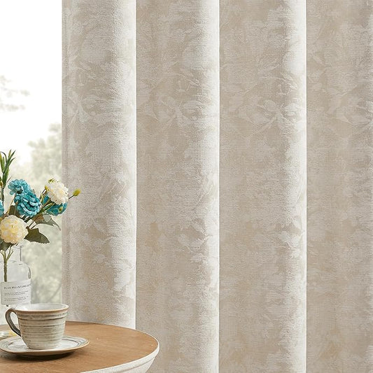 Beauoop Beige Floral Jacquard Blackout Curtains 90 Inches Long 2 Panels for Bedroom Living Room Taupe Flower Chenille Room Darkening Thermal Insulated Soundproof Grommet Window Treatments Drapes 52x90