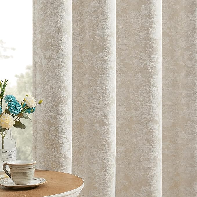Beauoop Beige Floral Jacquard Blackout Curtains 108 Inches Long 2 Panels for Bedroom Living Room Chenille Flower Room Darkening Thermal Insulated Soundproof Rod Pocket Back Tab Window Drapes 52x108