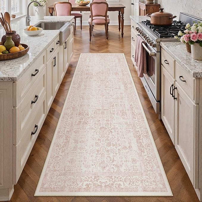 PureCozy Pink Runner Rug 2x8 Hallway Machine Washable Kitchen Vintage Distressed Non Slip Long Carpet Indoor Retro Floral Bedroom Accent Throw Rug for Bathroom Office Laundry Dining Room