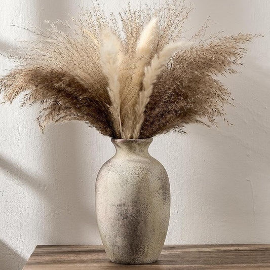 Ceramic Rustic Flower Vase, 8.27 Inch Vintage Pottery Home Decor, Antique Farmhouse Terracotta Vase for Living Room, Table, Shelf, Mantel Decoration, Farmhouse - Natural Brown