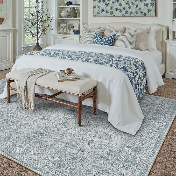PureCozy Area Rug 6x9 Blue Washable Living Room Carpet Soft Non Slip Vintage Bedroom Indoor Office Traditional Retro Distressed Large Thicker Throw Rug for Dining Room Kitchen Playroom