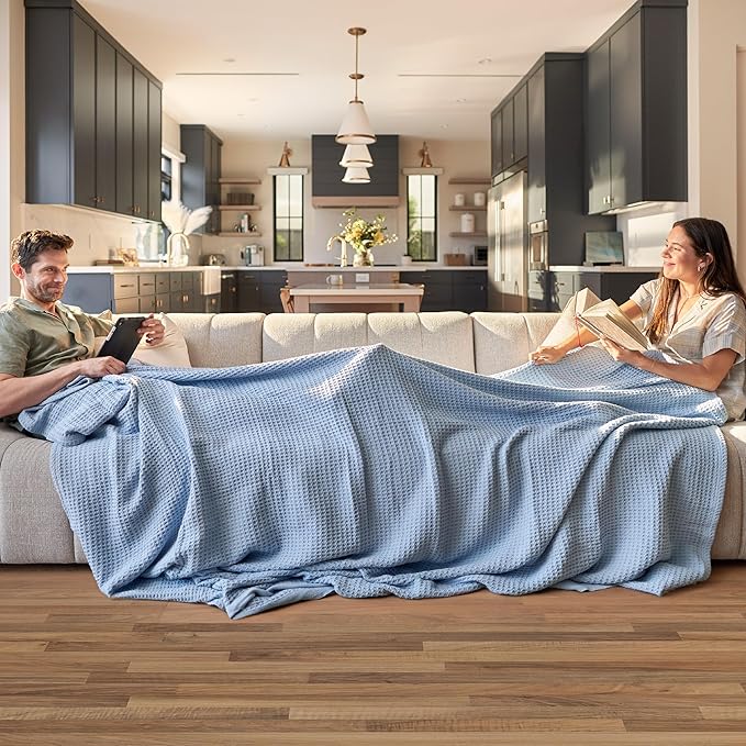 Bedsure Gentlesoft 100% Cotton Large Throw Blanket for Couch 50x70 inches - Breathable and Soft for Spring Summer, Waffle Weave Throw Blanket for Office, Sky Blue