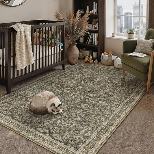 PureCozy Brown 3x5 Area Rug Washable Entryway Office Vintage Carpet Indoor Non Slip Small Low Plie Thin Bedroom Kitchen Rug Retro Accent Throw Living Dining Room Bathroom