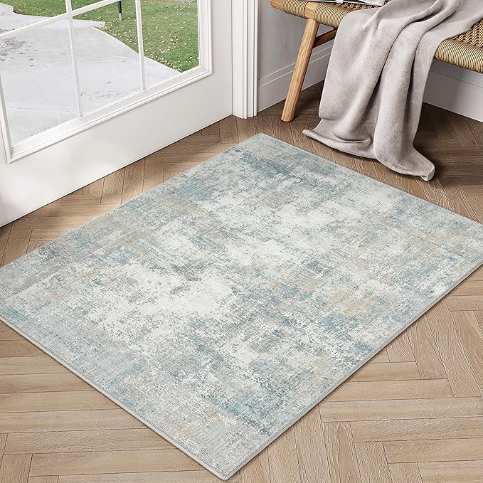WondRg 2x3 Washable Area Rug Blue Cream Abstract Entryway Kitchen Throw Rug Neutral Modern Non Slip Soft Low Pile Lightweight Small Carpet for Bathroom Living Room Bedroom