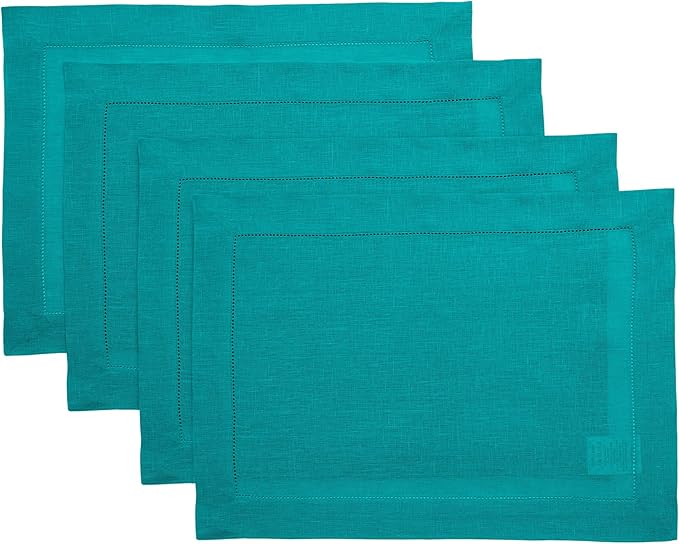 Solino Home Linen Placemats Set of 4 - Classic Hemstitch Teal Placemats 14 x 19 Inch - 100% Pure Linen Table Mats