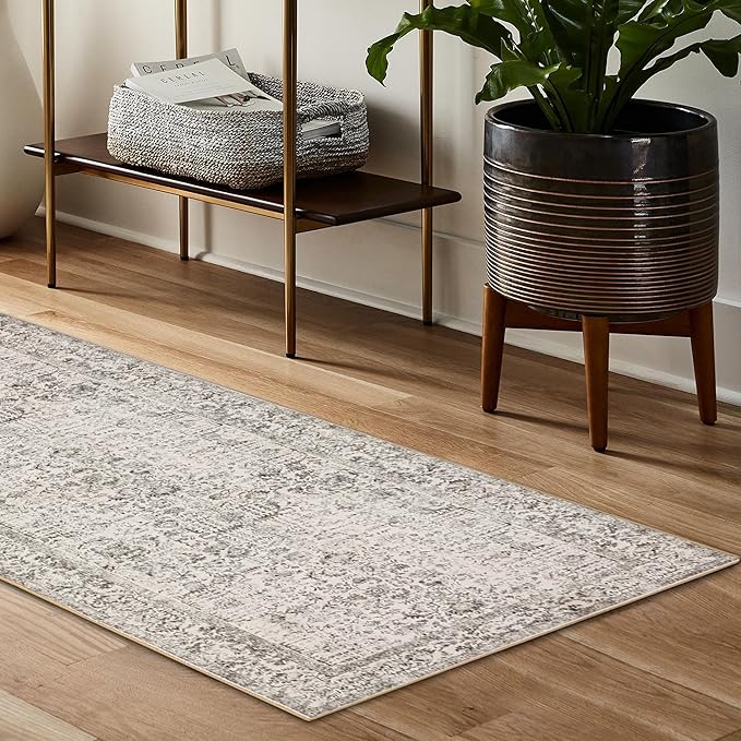 PureCozy Gray Runner Rug 2x7 Hallway Machine Washable Kitchen Vintage Distressed Non Slip Long Carpet Indoor Grey Retro Floral Bedroom Accent Throw Rug for Bathroom Office Laundry Dining Living Room