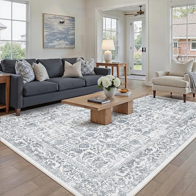 PureCozy Navy Blue Area Rug 5x7 Machine Washable Vintage Living Room Distressed Non Slip Carpet Traditional Indoor Bedroom Retro Floral Accent Throw Large Rug for Office Kitchen Bathroom Dining Room