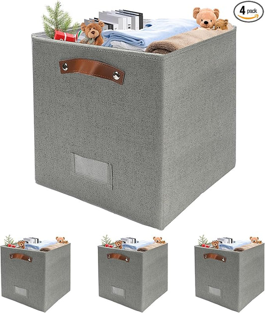 4 Pack Large Fabric Storage Bins for Shelves, Collapsible Storage Baskets with Handles for Organizing Clothes, Toys, and Household Items, Grey & White (Dark Gray, 13")