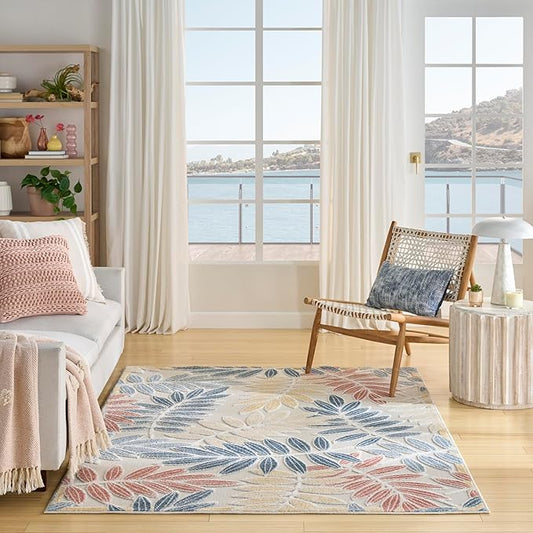 Nourison Home Aloha Ivory Blue 3'6" x 5'6" Area Rug - Easy Clean, Non Shedding, Bed Room, Living Room, Dining Room, Kitchen (4' x 6')