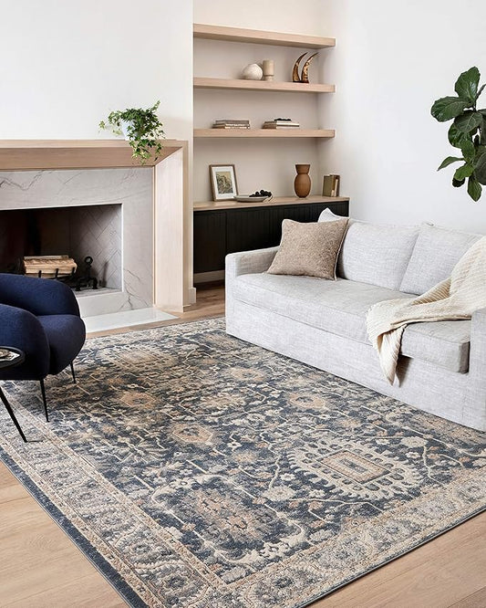 Loloi Teagan Collection TEA-03 Denim/Pebble 5'-3" x 7'-6" Area Rug, Large, Soft Neutral Rug, High-Traffic for Living Room, Bedroom, Home Office, Dining Area