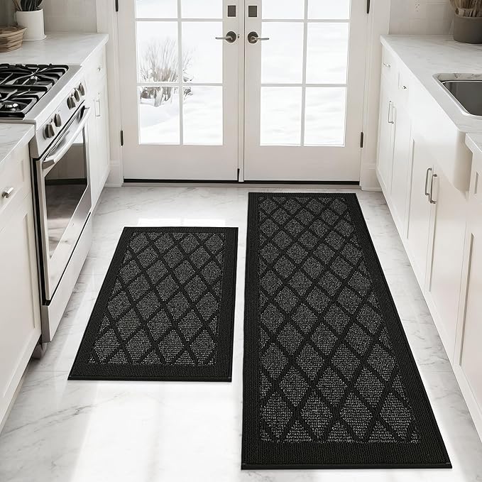COSY HOMEER Kitchen Mats, 2 PCS Kitchen Rug Non Slip Washable, Absorbent Runner Rugs for Kitchen Floor, 100% Polypropylene Kitchen Sink Rug 24"x36" + 24"x60"(Black)