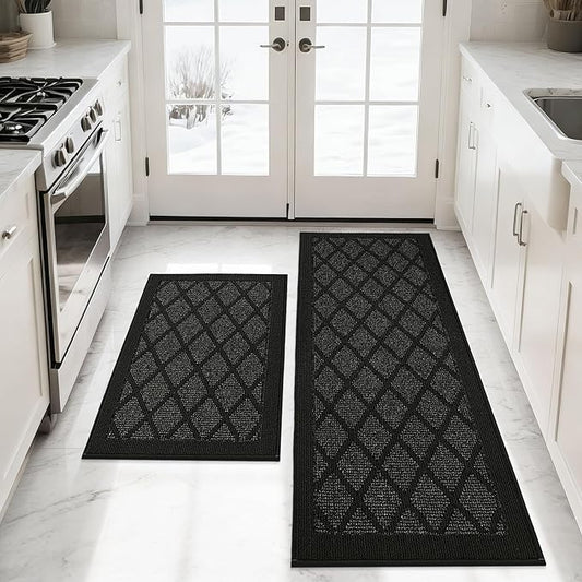 COSY HOMEER Kitchen Mats, 2 PCS Kitchen Rug Non Slip Washable, Absorbent Runner Rugs for Kitchen Floor, 100% Polypropylene Kitchen Sink Rug 24"x36" + 24"x60"(Black)