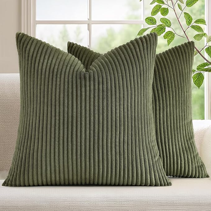Mecatny Corduroy Decorative Throw Pillow Covers 24x24 Set of 2 for Sofa Living Room, Soft Neutral Boho Couch Pillow Covers for Home Decor, Olive Green