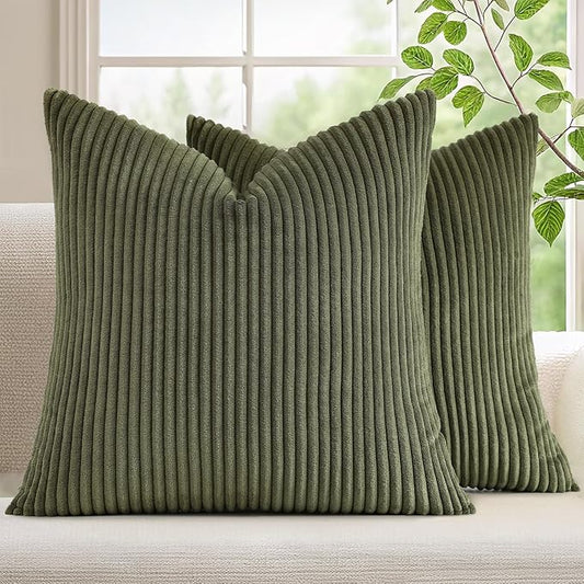 Mecatny Corduroy Decorative Throw Pillow Covers 26x26 Set of 2 for Sofa Living Room, Soft Neutral Boho Couch Pillow Covers for Home Decor, Olive Green