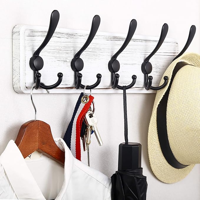 WEBI Coat Rack Wall Mount,Wood Coat Hooks Wall Mounted Coat Hanger,16" Hole to Hole,Wall Hook Rack Rail,5 Triple Hooks for Hanging Coats,Clothes,Jacket,Hats,Entryway,Black/White,2 Packs