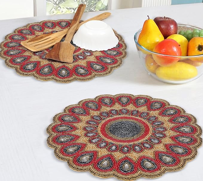 Scalop Floral Beaded Charger & Placemats - 13" Round, Gold, Red, Grey - Holiday & Christmas