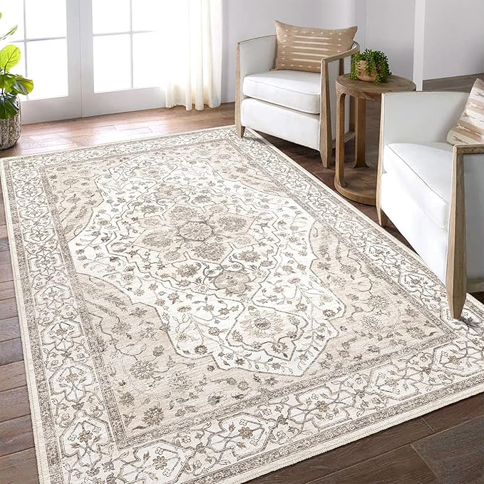 Fortsea 5'x7' Machine Washable Abstract Design Area Rug Machine Washable Area Rugs 5X7, Non Slip, Stain Resistant, Home Decor Living Room Area Rugs 5x7 (Beige Cream 5x7)…