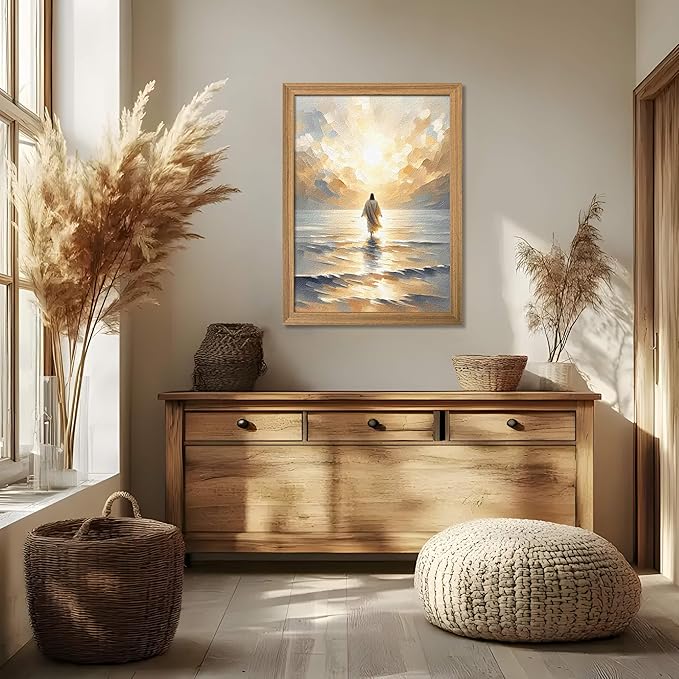 Framed 3D Textured Jesus Walking on Water Wall Art, Christian Bible Stories Wall Decor Paintings, Jesus Walks on Water on Water Back Posters Prints Pictures for Church Living Room Bedroom 12x16 Inch