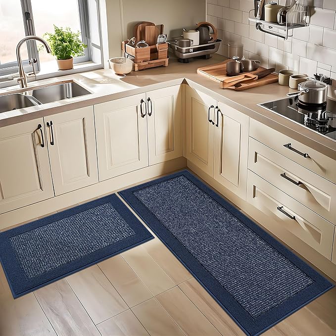 BEQHAUSE Kitchen Rugs and Mats Set of 2 Non-Slip Kitchen Mats for Floor, Absorbent and Stain Resistant Kitchen Runner, Machine Washable Rugs for Kitchen, Laundry & Sink, 24"x36"+24"x60", Blue