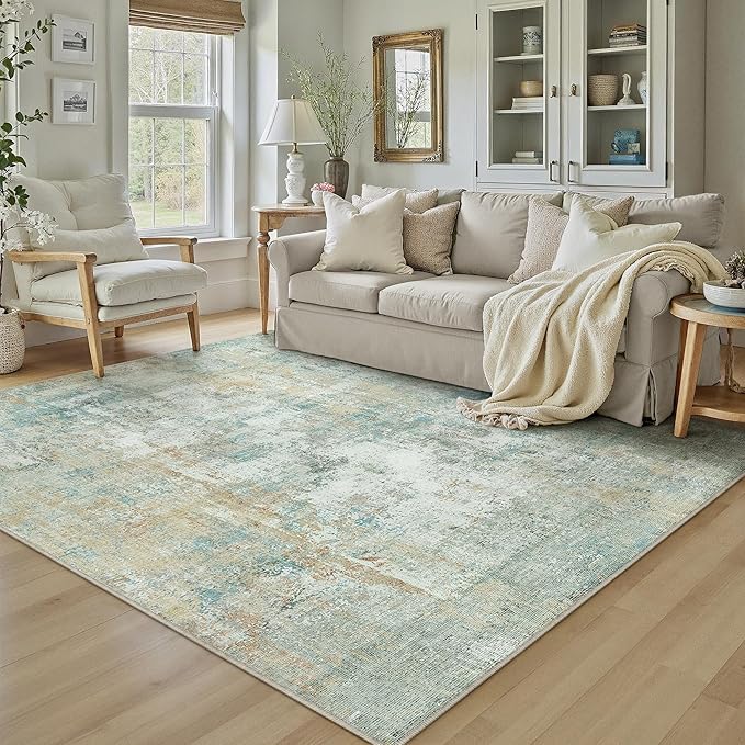 WondRg 5x7 Washable Area Rug Teal Beige Abstract Living Room Bedroom Carpet Neutral Modern Non-Slip Soft Low Pile Lightweight Vacuumable Throw Rug for Dining Room Entryway