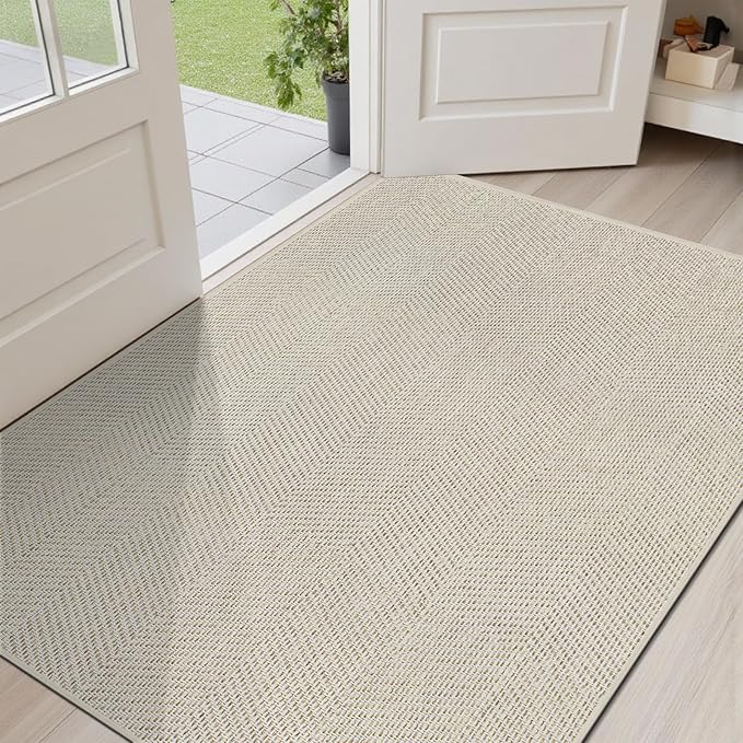 ENHASIV Ultra Thin Indoor Door Mat 36"x59", Washable Door Mat Indoor Entrance, Non Slip Rubber Backing Doormat Low-Profile Inside Entryway Mat, Unique Herringbone Design Entry Mat, Khaki (FOLD)