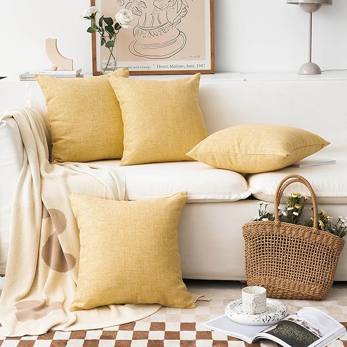 Home Brilliant Fall Pillow Covers 18x18 Set of 4 Textured Burlap Lined Linen Throw Pillow Covers for Couch Sofa Bed Winter Decor, 18 x 18 Inch (45cm), Yellow
