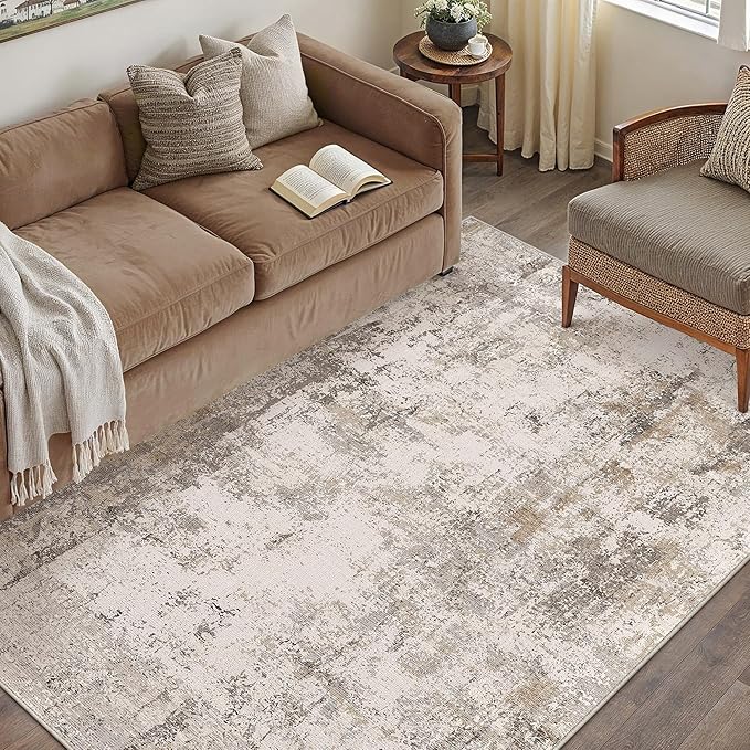 WondRg 4x6 Washable Area Rug Brown Grey Abstract Entryway Office Throw Rug Neutral Modern Non Slip Soft Low Pile Indoor Carpet for Living Room Bedroom Kitchen Entrance