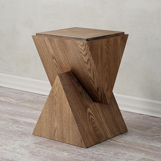 COZAYH Modern Geometric Wood Grain End Table with Structural Design, Farmhouse Side Table with Sculptural Pedestal Base for Living Room, Bedroom, Office, Fully Assembled (Natural)