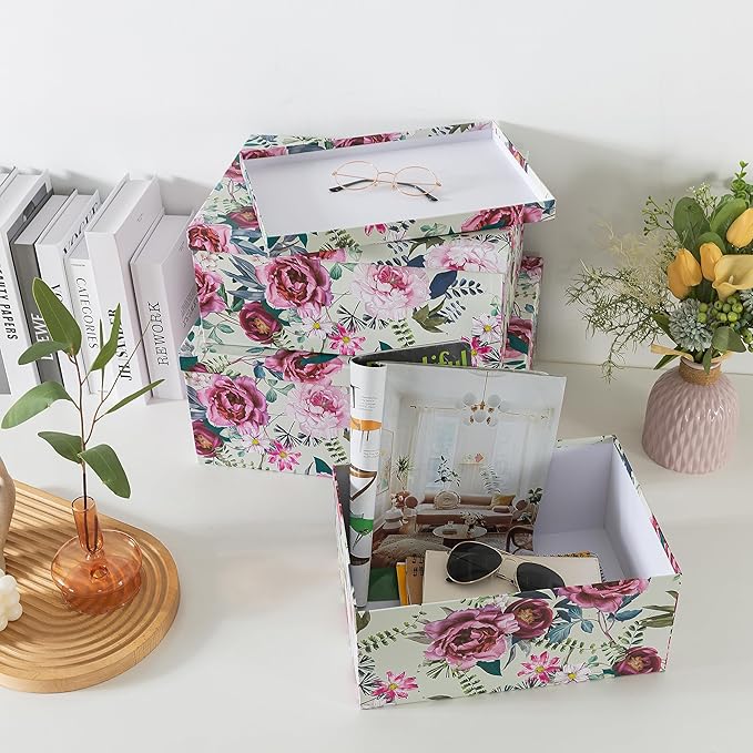Soul & Lane Decorative Cardboard Storage Boxes with Lids for Home Decor and Organization, Set of 3 Large Keepsake Boxes for Memories & Gifts, Nesting Floral Photo Storage Containers, Floral Luxe