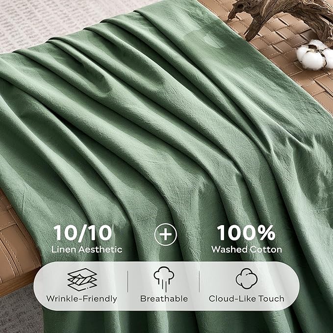 JELLYMONI 100% Washed Cotton Duvet Cover Twin – Soft, Breathable Linen-Look Bedding with Natural Wrinkle Texture, Button Closure, 2-Piece Set (Dusty Green, 68"x90")