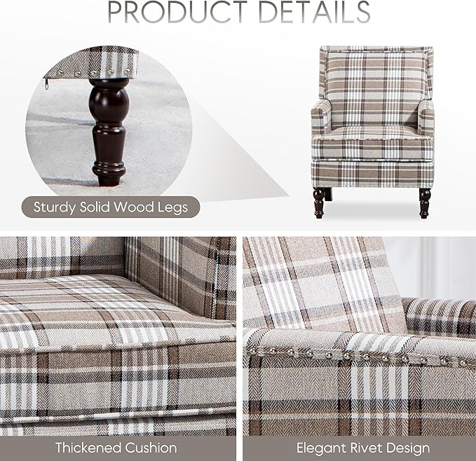 Yogald Vintage Plaid Accent Armchair, Comfy Upholstered Reading Chair with Nail-Head Trim, Farmhouse Sofa Chair, Coastal Single Corner Chair for Living Room Bedroom Guest Room (Coffee Linen)