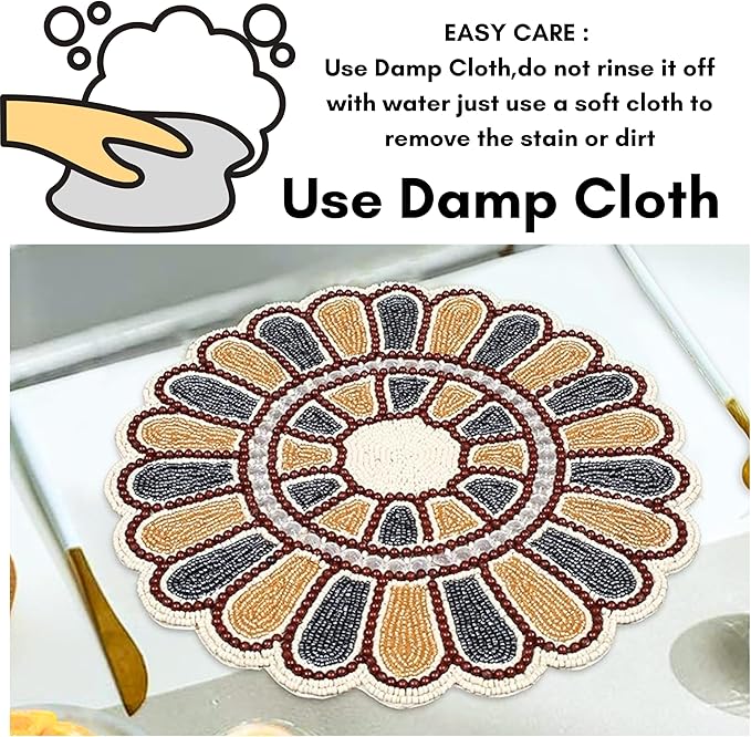 Beaded Charger 13 inch Placemats Round – Floral Calendula Design in Grey Gold Ivory, Handmade Dining Table Mat, Holiday, Christmas, Wedding, Decorative Table Bedding Craft