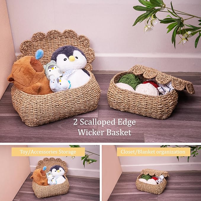 Set of 2 Hand Round Wicker Storage Baskets, Rattan Basket Decorative Boxes, Woven Storage Box Seagrass Baskets with Lids, Scalloped Edge Wicker Basket with Lid