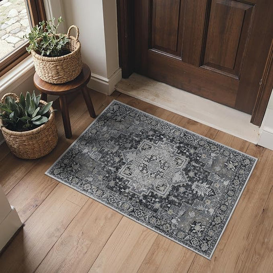 BESBLEE Area Rug 2x3 Doormat, Machine Washable Low Pile Rugs, Small Retro Entryway Mat for Entrance, Hallway, Kitchen and Corridor, Dark Gray