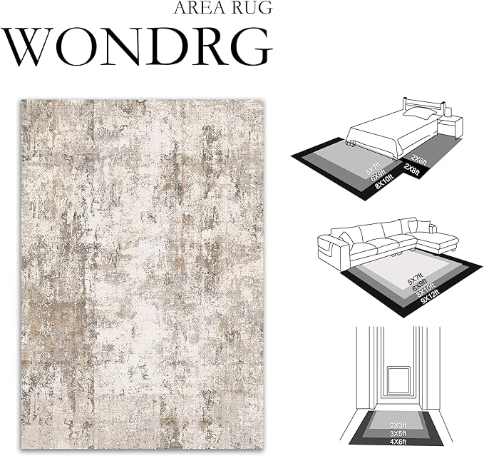 WondRg 2x10 Washable Runner Rug Brown Grey Abstract Hallway Kitchen Throw Rug Neutral Modern Non Slip Soft Low Pile Carpet for Bathroom Laundry Bedroom Living Room