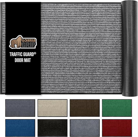 GORILLA GRIP Waterproof Traffic Guard Door Mat, 47x35, Heavy Duty Entryway Mats, Strong Backing Commercial Utility Rugs for Office Hallway, Garage Floor and Home, Low Profile Carpet, Light Gray