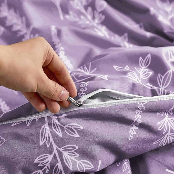 MUXHOMO Duvet Cover Queen Size, Reversible Floral Grayish Purple Duvet Cover Set with Zipper Closure, 3 Pieces Botanical Patterns Soft Microfiber Bedding Set with 4 Ties (90"x90", 2 Pillow Cases)