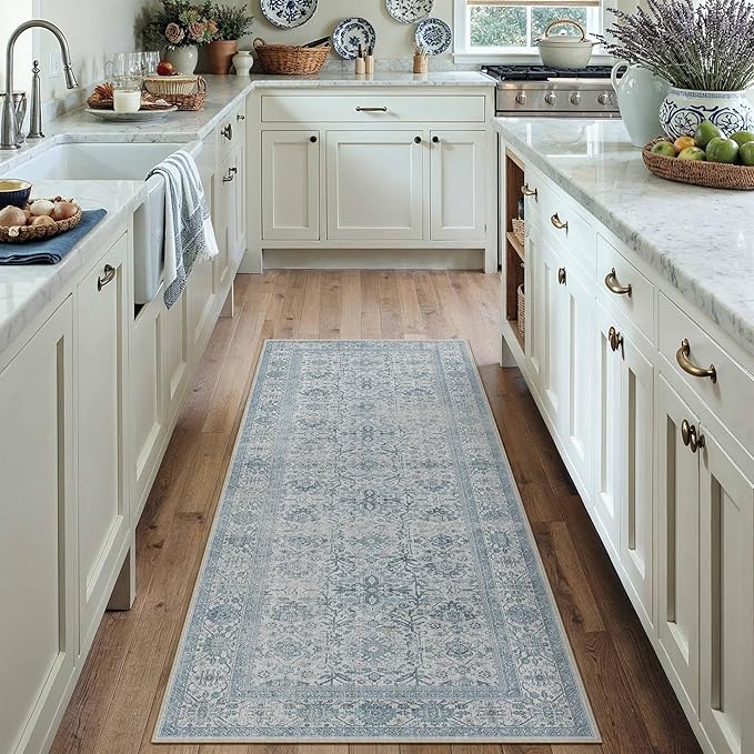 PureCozy Blue Runner Rug 2x6 Hallway Washable Carpet Soft Vintage Indoor Kitchen Non Slip Bedroom Traditional Retro Distressed Thicker Throw Long Rug Bathroom Laundry Entryway Office Dining Room