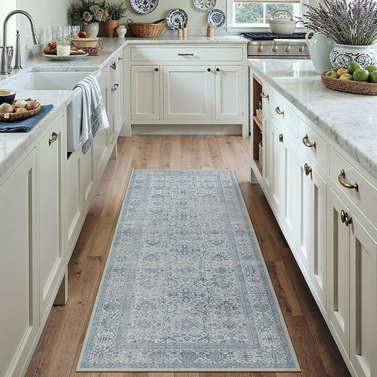 PureCozy Blue Runner Rug 2x6 Hallway Washable Carpet Soft Vintage Indoor Kitchen Non Slip Bedroom Traditional Retro Distressed Thicker Throw Long Rug Bathroom Laundry Entryway Office Dining Room
