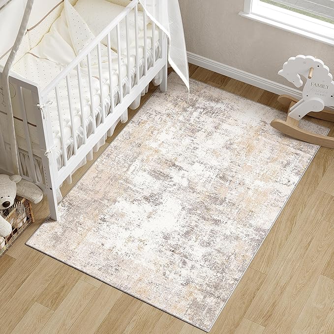 WondRg 3x5 Washable Area Rug Beige Grey Abstract Entryway Office Throw Rug Neutral Modern Non Slip Soft Low Pile Small Carpet for Kitchen Living Room Bedroom Entrance