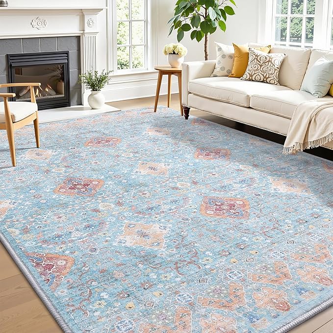 Vanmoos 5x7 Area Rugs for Living Room, Bedroom - Machine Washable, Non-Slip Bedside Rug, Large Soft Floor Carpet for Office, Dining Room, Farmhouse and Home Decor, Charm/Turquoise