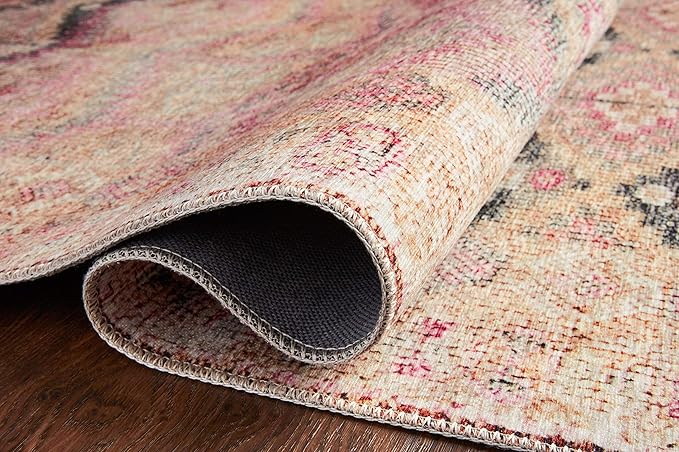 Loloi Layla Collection LAY-17 Pink/Lagoon 2'-0" x 5'-0" .13" Thick Accent Rug, Soft, Durable, Vintage Inspired, Distressed, Low Pile, Non-Shedding, Easy Clean, Printed, Living Room Rug