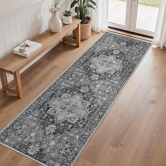 BESBLEE Runner Rug 2'6''x8, Machine Washable Runners, Non Slip Vintage Hallway Runner Rugs, Low Pile Lightweight Mat for Entryway, Hallway, Kitchen and Corridor, Dark Gray
