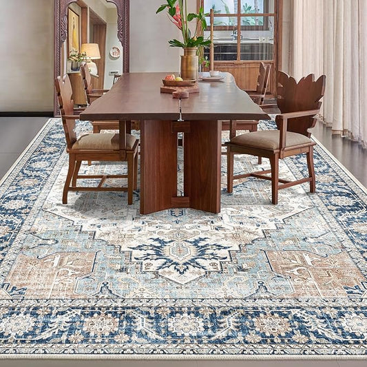 Fortsea 9x12 Area Rugs, Machine Washable Area Rugs for Living Room, Non Slip Backing Rugs for Bedroom, Vintage Printed Home Decor Large Area Rug (Grey Blue 9x12)